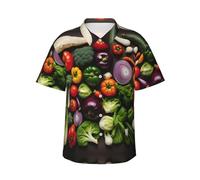 WCXTHGFA Introduzione di varie verdure stampa elegante camicia hawaiana da uomo, camicie con bottoni a maniche per l'estate, elementi essenziali per le vacanze al mare, Nero , S