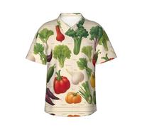 WCXTHGFA Introduzione di varie verdure stampa elegante camicia hawaiana da uomo, camicie con bottoni a maniche per l'estate, elementi essenziali per le vacanze al mare, Nero , L