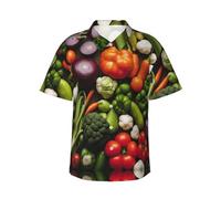 WCXTHGFA Introduzione di varie verdure stampa elegante camicia hawaiana da uomo, camicie con bottoni a maniche per l'estate, elementi essenziali per le vacanze al mare, Nero , XL
