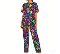 WCXTHGFA Pigiama da donna con stampa a stelle colorate, set di pigiami morbidi, perfetti per abbigliamento da casa e indumenti da notte, Nero , XXL