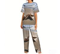 WCXTHGFA Set pigiama da donna con stampa di stelle marine e conchiglie sabbiose e spiaggia alla moda, set di pigiama morbido, perfetto per abbigliamento da casa e indumenti da notte, Nero , M
