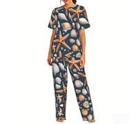 WCXTHGFA Set pigiama da donna con stampa di stelle marine e conchiglie, set di pigiami morbidi, perfetti per abbigliamento da casa e indumenti da notte, Nero , XL