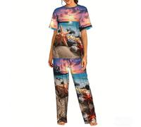 WCXTHGFA Set pigiama da donna con stampa di stelle marine e corallo sulla spiaggia, set di pigiama morbido, perfetto per abbigliamento da casa e pigiameria, Nero , L