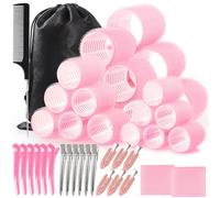 WD&CD Bigodini per capelli, 45 pezzi, 24 pezzi in 4 misure (55/45/36/25 mm) con 18 clip, bigodini per capelli grandi autoadesivi per capelli lunghi, medi e corti, Rosa
