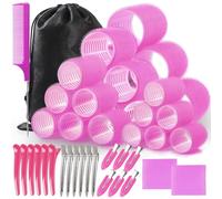 WD&CD Bigodini per capelli, 45 pezzi, 24 pezzi in 4 misure (55/45/36/25 mm) con 18 clip, bigodini per capelli grandi autoadesivi per capelli lunghi, medi e corti (Fucsia)