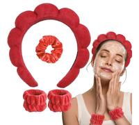 WD&CD Spa Fascia per Capelli da Donna, Fascia per Spa in Spugna con 2 Fasce per Polso e 1 Elastici per Capelli per Lavare il Viso, Cura della Pelle Trucco Doccia Rimozione del Trucco (Rosso)