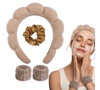 WD&CD Spa Fascia per Capelli da Donna, Fascia per Spa in Spugna con 2 Fasce per Polso e 1 Elastici per Capelli per Lavare il Viso, Cura della Pelle, Trucco, Doccia, Rimozione del Trucco - Marrone