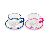 WD LifeStyle Set 2 Tazze 230 Ml in Vetro con Piattino Decorazione "Take it slow" e "Keep it chill" Rosa Blu