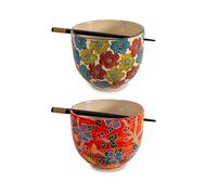 WD Lifestyle - Set di Due Ciotole da Ramen e Due Bacchette | BIANCO, ROSSO E FLOREALE