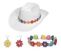 Wdbild Sunpoof - Cappello da cowboy, 3 pezzi, cappello arrotolato e orecchini pendenti+girocollo con fiori, per donna, carnevale, fotografia
