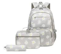 Wdbild Zaino per la scuola, 3 pezzi, zaino e borsa per il pranzo, set di astuccio grande capacità, zaino casual per studenti, grigio, Taglia unica