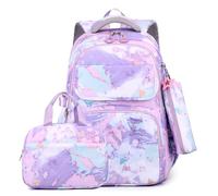 Wdbild Zaino per la scuola, elegante e in nylon, con borsa per il pranzo e astuccio per ragazze, adatto per viaggi scolastici e uso quotidiano, Viola, Taglia unica