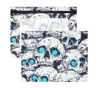 WDdZzyy Astuccio per matite con teschio horror, occhi blu fluo, robusto, perforatore a 3 fori, per lettere A4, confezione da 2 pezzi, per insegnanti e ufficio