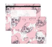 WDdZzyy Astuccio portamatite con teschio e cuore, con tasca a 3 fori, per lettere formato A4, confezione da 2 pezzi, per studenti a casa