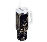 WDdZzyy Bicchiere sottovuoto per vino rosso nero e oro, con coperchio e cannuccia, 1,18 l, riutilizzabile, da viaggio, per casa, ufficio o auto