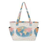 WDdZzyy Borsa da piscina, borsa da spiaggia, piscina, per viaggi e spostamenti quotidiani, con tasche multiple e scomparti con cerniera, mappa del mondo