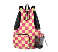 WDdZzyy Borsa da piscina con coulisse da spiaggia, con tasche, sacca per separazione bagnata e asciutta, motivo scozzese americano rosa e giallo