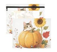 WDdZzyy Hello Fall Autumn Cat Pumpkin Sunflower Raccoglitore per matite con finestra trasparente a 3 fori tasca per lettere A4 confezione da 2 articoli artistici per studenti