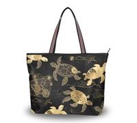 WDdZzyy Nero Oro Fiore Sea Turtle Art tessuto di seta borse con cerniera e borse estive pulcino borse per donne borsa, Nero Oro Fiore Tartaruga Marina Arte, Large