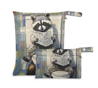 WDdZzyy Raccoon Retro Toilette Lettura Giornale Sacchetto di Lavanderia Impermeabile Confezione da 2 Sacchetti Bagnati per Costume da Bagno con Manici per il Bag