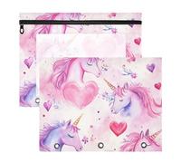 WDdZzyy Sacchetti per raccoglitori con unicorni e cuori ad acquerello, con 3 occhielli rinforzati, per lettere formato A4, confezione da 2 pezzi per studenti e articoli artistici