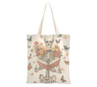 WDdZzyy Una lettura scheletro con fiori e farfalle borsa tote da donna con tasche con manici borse di tela riutilizzabili regali cool sfuso per amiche femminili