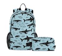 WDdZzyy Zaino e borsa per il pranzo Set per ragazze adolescenti blu oceano squalo pesce borsa da scuola con libro per il pranzo per ragazzi 10-12