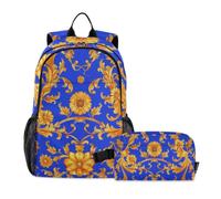 WDdZzyy Zaino per la scuola e il pranzo borsa blu oro disegno floreale zaino scuola con pranzo borsa libro per ragazzi 7-10