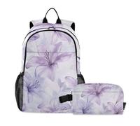 WDdZzyy Zaino per la scuola e il pranzo borsa per il pranzo acquerello fiori di giglio viola chiaro zaini per la scuola per ragazze con portapranzo zaino e portapranzo Set 9-10 anni