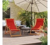 WDGJJFECNMUEHI 2 Pack Folding Beach Chairs Red Wooden Frame Adjustable Recliner for Outdoor Camping Garden Pool Relaxation Comfortable Portable Polyester Fabric