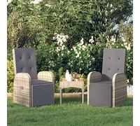 WDGJJFECNMUEHI 2 Pack Reclining Garden Chairs with Cushions, Grey Polyrattan Outdoor Lounge Chairs for Patio, Poolside, Adjustable Backrest and Footrest, Weather-Resistant PE Wicker Steel Frame