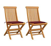 WDGJJFECNMUEHI 2 Pcs Folding Teak Wood Garden Chairs with Wine Red Cushions, Outdoor Patio Dining Chairs, Weather-Resistant Solid Teak Furniture for Terrace, Balcony, Comfortable Seating