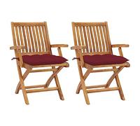 WDGJJFECNMUEHI 2 Pcs Teak Wood Folding Garden Chairs with Wine Red Cushions, Outdoor Patio Furniture for Home, Cafe, Foldable Comfortable Seating Set, Weather-Resistant Durable Design