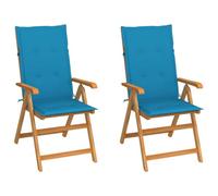 WDGJJFECNMUEHI 2 Pcs Teak Wood Garden Chairs with Blue Cushions, Adjustable Reclining Backrest, Foldable Outdoor Patio Furniture for Relaxing with Family Friends