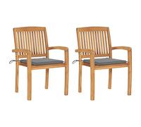 WDGJJFECNMUEHI 2 Pcs Teak Wood Garden Chairs with Gray Cushions, Outdoor Stackable Patio Furniture Set, Vintage Style Weather-Resistant for Backyard, Balcony