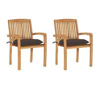 WDGJJFECNMUEHI 2 Pcs Teak Wood Garden Chairs with Gray Mole Cushions, Vintage Outdoor Stackable Patio Furniture for Balcony Terrace, Weather-Resistant Solid Teak with Slatted Back and Curved Armrests