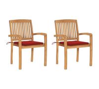 WDGJJFECNMUEHI 2 Pcs Teak Wood Garden Chairs with Red Cushions, Vintage Outdoor Stackable Patio Furniture for Garden, Balcony, Weather-Resistant Solid Wood Dining Chairs