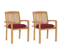 WDGJJFECNMUEHI 2 Pcs Teak Wood Garden Chairs with Wine Red Cushions, Solid Teak Outdoor Stackable Patio Chairs with Slatted Back, Vintage Style for Garden Balcony Terrace