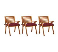 WDGJJFECNMUEHI 3 Pcs Acacia Wood Garden Dining Chairs with Cushions, Outdoor Patio Furniture Set for Dining and Relaxing, Wine Red Cushions, Sturdy and Comfortable