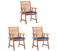 WDGJJFECNMUEHI 3-Piece Acacia Wood Outdoor Dining Chairs with Cushions, Waterproof Patio Garden Furniture Set for Terrace, Weather-Resistant Solid Wood Design with Slats and Extra Pillow, Royal Blue