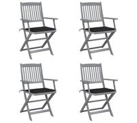 WDGJJFECNMUEHI 4 Pcs Folding Garden Chairs Acacia Wood with Cushions, Outdoor Patio Dining Set for Terrace, Foldable Weather-Resistant Furniture, Gray Washed Finish, Includes Seat Cushions with Ties