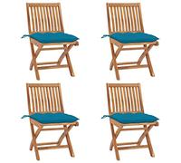 WDGJJFECNMUEHI 4 Pcs Folding Teak Wood Garden Chairs with Cushions, Outdoor Patio Furniture Set for Home, Cafe, Foldable Comfortable Seating with Light Blue Cushions, Weather-Resistant Durable Design