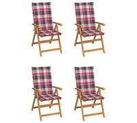 WDGJJFECNMUEHI 4 Pcs Teak Wood Garden Chairs with Red Checkered Cushions, Adjustable Reclining Backrest, Foldable Outdoor Patio Furniture for Relaxing with Family & Friends