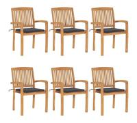 WDGJJFECNMUEHI 6 Pcs Stackable Teak Wood Garden Chairs with Cushions, Weather-Resistant Outdoor Dining Chairs for Patio, Terrace, Backyard, Includes 6 Seat Cushions, Anthracite Color, Max Load 110kg