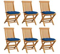WDGJJFECNMUEHI 6 Pcs Teak Wood Folding Garden Chairs with Blue Cushions, Outdoor Patio Dining Chairs, Weather-Resistant Solid Teak Furniture for Terrace, Balcony, Backyard
