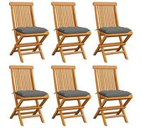 WDGJJFECNMUEHI 6 Pcs Teak Wood Folding Garden Chairs with Gray Cushions, Outdoor Patio Dining Set, Weather-Resistant Solid Teak Furniture for Terrace, Balcony, Comfortable Seating
