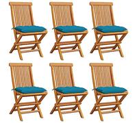WDGJJFECNMUEHI 6 Pcs Teak Wood Folding Garden Chairs with Light Blue Cushions, Outdoor Patio Dining Furniture Set, Weather-Resistant Comfortable Seating for Terrace, Poolside