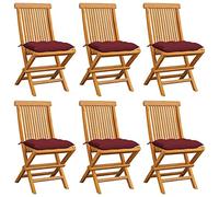 WDGJJFECNMUEHI 6 Pcs Teak Wood Folding Garden Chairs with Wine Red Cushions, Outdoor Patio Dining Set, Weather-Resistant Solid Teak Furniture for Terrace, Poolside, Comfortable Seating
