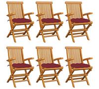 WDGJJFECNMUEHI 6 Pcs Teak Wood Folding Garden Chairs with Wine Red Cushions, Outdoor Patio Furniture Set for Terrace, Foldable Armchairs with Thick Padding, Weather-Resistant Solid Wood Seating