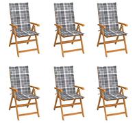 WDGJJFECNMUEHI 6 Pcs Teak Wood Garden Chairs with Gray Checkered Cushions, Adjustable Reclining Back, Foldable Outdoor Patio Furniture Set for Relaxing with Family & Friends